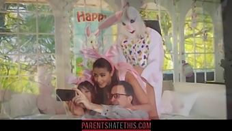 Family Strokes With Teenage Girl And Uncle In Easter Bunny Costumes